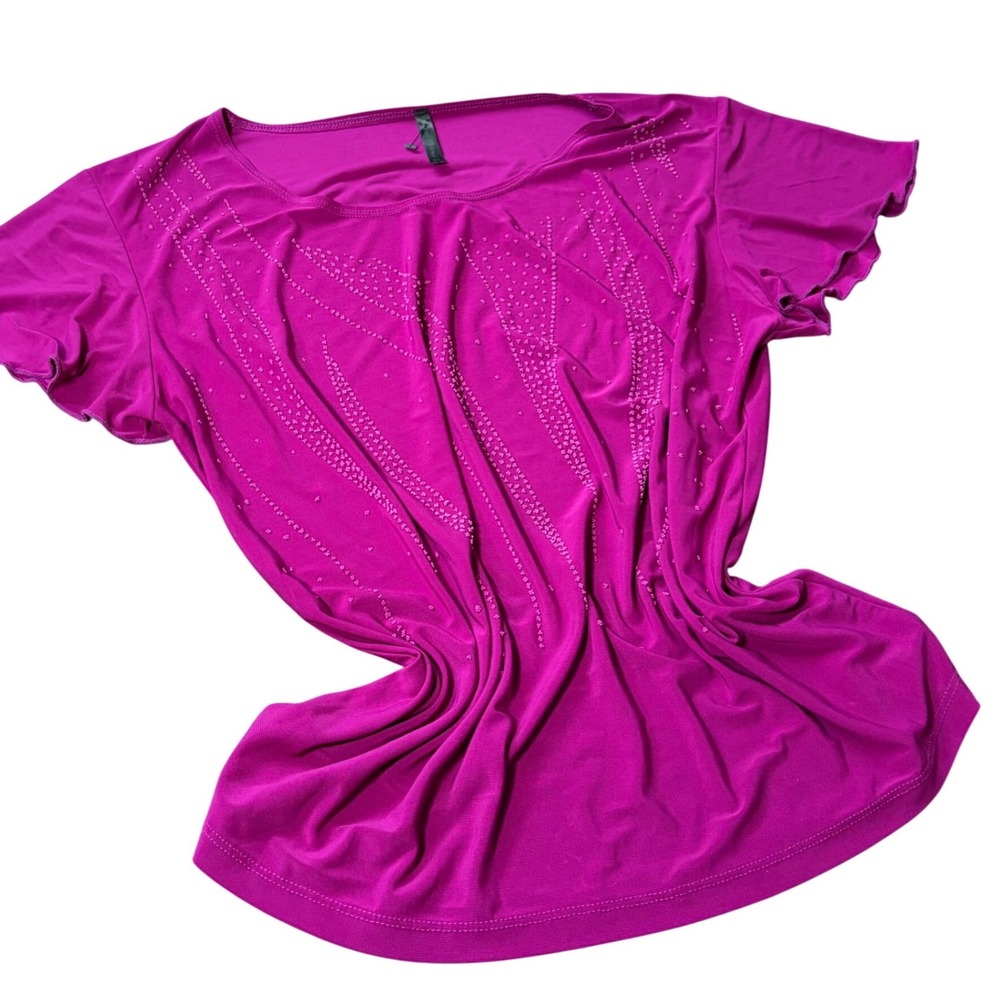 Mac Duggal Magenta Pink Beaded Scoop Neck Short Sleeve Top Blouse Womens
